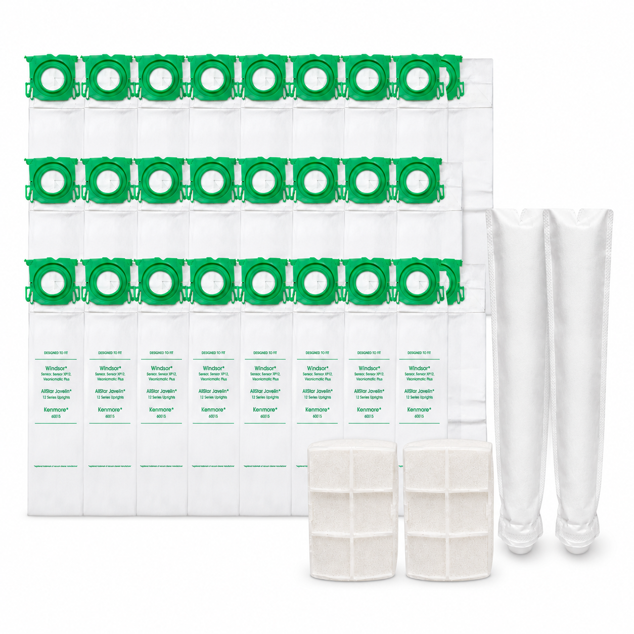 A set of replacement vacuum filter parts, including a pack of white paper filter cartridges with green caps, two white pleated filter elements, and two white cylindrical tubes, arranged on a plain white background.
